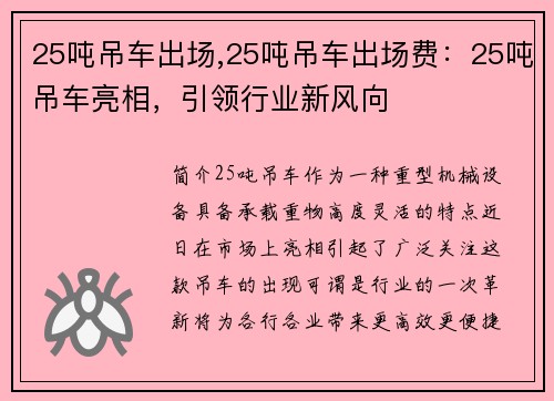 25吨吊车出场,25吨吊车出场费：25吨吊车亮相，引领行业新风向