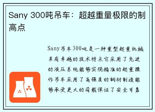Sany 300吨吊车：超越重量极限的制高点