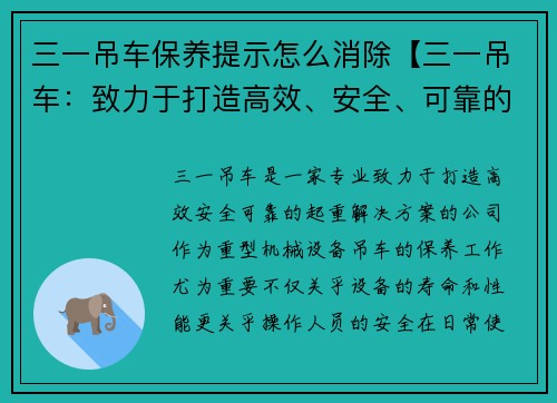 三一吊车保养提示怎么消除【三一吊车：致力于打造高效、安全、可靠的起重解决方案】