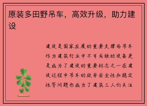 原装多田野吊车，高效升级，助力建设