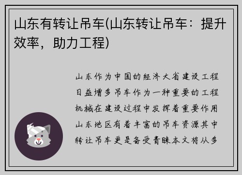山东有转让吊车(山东转让吊车：提升效率，助力工程)