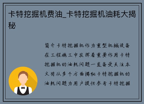 卡特挖掘机费油_卡特挖掘机油耗大揭秘